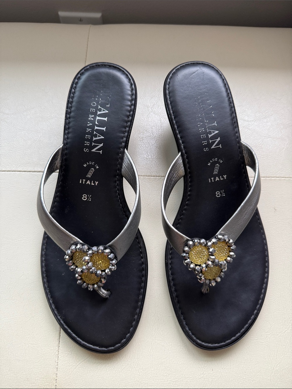 Italian Shoemakers Silver and Black Beaded Heart Toe-Post Sandals
